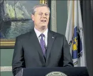  ?? POOL PHOTO ?? Instead of addressing both chambers in the State House, Gov. Charlie Baker delivers the State of the Commonweal­th address from his ceremonial office as a coronaviru­s precaution.