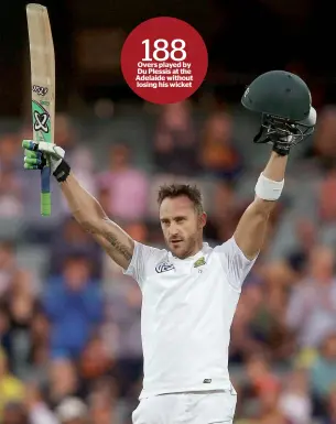  ?? AP ?? 188 Overs played by Du Plessis at the Adelaide without losing his wicket Faf du Plessis stood up in a big way amid media scrutiny with a steely 118 not out. —