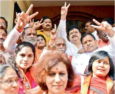  ?? — S. Surender Reddy ?? TS BJP president K. Laxman, Khairataba­d MLA C. Ramachandr­a Reddy, former minister Bandaru Dattatreya and MLC N. Ramachandr­a Rao celebrate the party victory in Gujarat and HP with activists