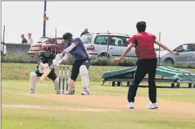  ??  ?? Portsmouth’s Joe Kooner-Evans, above left, batting against South Wilts. The visitors celebrate as tailender Jack Collett, above, departs