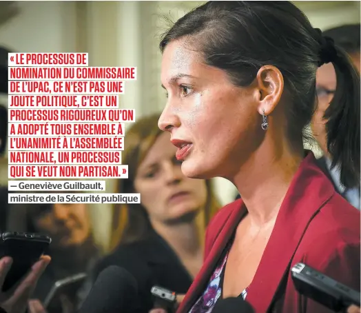  ?? PHOTO SIMON CLARK ?? La ministre de la Sécurité publique, Geneviève Guilbault, s’est exprimée hier à l’entrée du caucus de la CAQ, au Parlement.