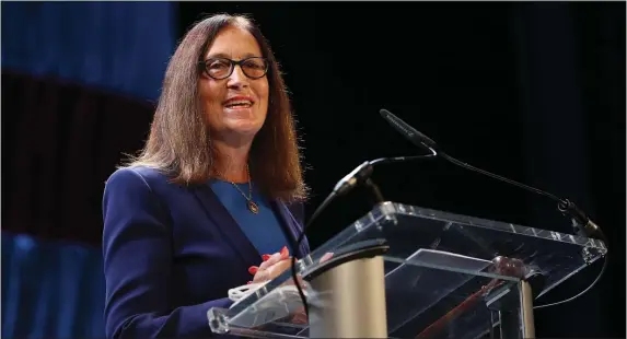  ?? REBA SALDANHA — BOSTON HERALD ?? State Treasurer Deb Goldberg spoke at the state Democratic convention Saturday, but she has yet to address why pot boss Shannon O’Brien is suspended with pay.