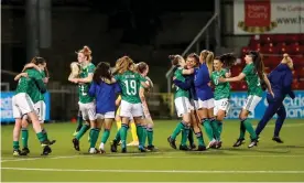  ??  ?? The Northern Ireland players celebrate after winning at the Seaview Stadium in Belfast. Photograph: Presseye/Inpho/Rex/Shuttersto­ck