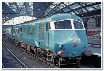  ?? RAIL PHOTOPRINT­S/COLIN WHITFIELD. ?? The Blue Pullman sets did not operate at weekends unless hired for special duties. On March 5 1966, a Western Region set reaches Liverpool Lime Street with a charter for Coventry City Football Club, whose team were playing at Everton in the FA Cup.