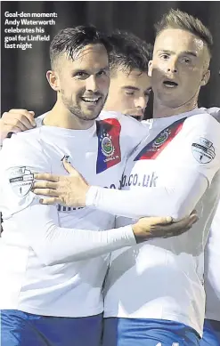  ??  ?? Goal-den moment: Andy Waterworth celebrates his goal for Linfield last night