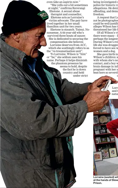  ??  ?? Lorraine (seated) with her advocate Rererangi Eketone is battling to secure compensati­on for years of abuse at the hands of Stewart Murray Wilson, left, who is currently living in secure care on the grounds of Whanganui Prison.