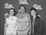  ?? The Associated Press ?? ME TOO ACTIVISTS: This Oct. 15 photo released by the New York Women’s Foundation shows, from left, actress and activist Alyssa Milano, founder of the Me Too movement Tarana Burke and Ana Oliveira at The New York Women’s Foundation’s 2018 Radical Generosity gala in New York. Now that the #MeToo movement has passed the one-year mark, key voices in the movement are assessing progress and looking forward to the next phase.