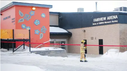  ?? AL CHAREST ?? The Calgary Fire Department arrives at the Fairview Arena after the roof fell Tuesday. It had been closed a day earlier for structural issues.