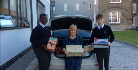  ??  ?? Pictured are Emmanuel Akinla (3rd yr), Ms Matthews (who organised the collection) and Milo Moore (3rd year).