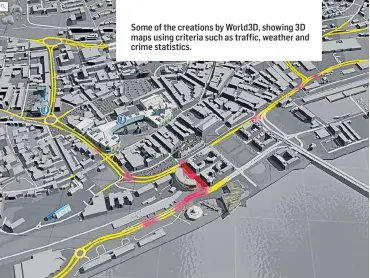  ??  ?? Some of the creations by World3D, showing 3D maps using criteria such as traffic, weather and crime statistics.