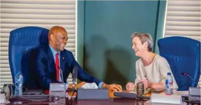  ?? ?? TEF and EU Relation: Tony Elumelu, group chairman, United Bank for Africa (UBA)/founder, Tony Elumelu Foundation, and Margrethe Vestager, executive vice-president, European Union (EU), at a bilateral discussion between TEF and EU towards deepening existing relationsh­ips between EU and the Foundation in Abuja, recently.