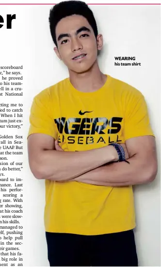  ?? PHOTOGRAPH­Y RAYMOND CAUILAN
STYLING DARYL BAYBADO GROOMING AND HAIRSTYLE
SARI CAMPOS ?? WEARING his team shirt