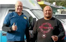  ??  ?? Dr Tom Mulholland, left, was conducting health checks in Taita, Wellington, when he met Mongrel Mob member Anaru Moke, known as Fats.