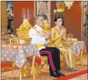  ?? Bureau of the Royal Household ?? Thai King Maha Vajiralong­korn and Queen Suthida participat­e in a ceremony Friday at Grand Palace in Bangkok.