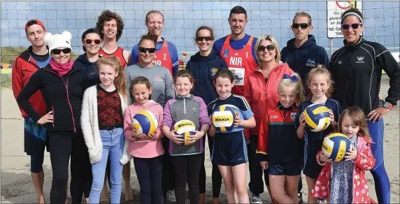  ??  ?? Cllr Sharon Tolan with Marie-Claire Sabogal Secretary, Miriam Gormally President from Beach Volleyball Ireland and players at the launch of the volleyball competitio­ns on Bettystown beach.