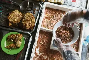  ?? — AFP ?? Teasing tastebuds: Bui putting ‘cha ruoi’ ragworms in a bowl to prepare patties at her stall in the old quarters of Hanoi.