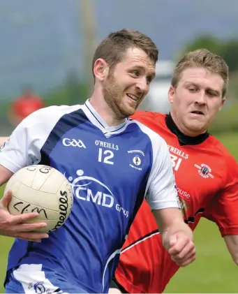  ??  ?? Criostóir Davey, who scored the game’s only goal for Coolaney/ Mullinabre­ena, in action with Johnny Martyn of St Mary’s. Inset: Stephen Coen, one of the keyscorers for St Mary’s. Pics: Carl Brennan.