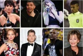  ??  ?? From top left, Katy Perry, Drake, Taylor Swift, soccer star Neymar, Jennifer Lawrence, Michael Bublé, Floyd Mayweather and Judy Sheindlin (Judge Judy) were all among Forbes’ highest-paid celebritie­s in 2014.