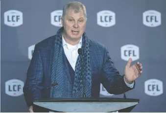  ?? ANDREW VAUGHAN/THE CANADIAN PRESS ?? CFL commission­er Randy Ambrosie says the league is asking Ottawa for between $30 million and $150 million, enough to cover losses due to a shortened — or cancelled — season.