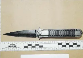  ??  ?? Edmonton police seized this knife on Feb. 28, 2014 when six people were stabbed at a west-Edmonton warehouse, two of them fatally.