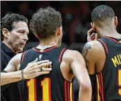  ?? HYOSUB SHIN/AJC 2023 ?? Coach Quin Snyder and the Hawks now have landed in the play-in tournament for three years running, but the team still has little success to show for all that. The Hawks had the NBA’s 21st-best record this season.