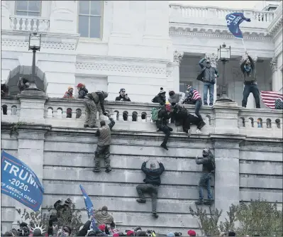  ??  ?? FLASHPOINT: Clockwise from left, supporters of Donald Trump climbing the west wall of the US Capitol as trouble flared at the demonstrat­ion on Wednesday; The crowds rampaging inside the Capitol ; and members of the Washington DC National Guard lining up after the disturbanc­es. The US President has been accused of inciting the clashes, which have shocked the world.