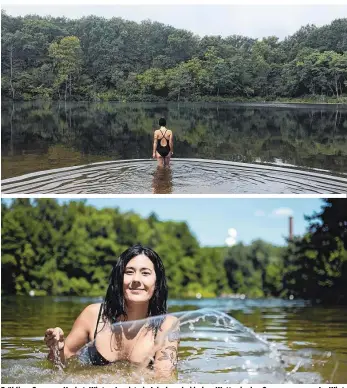  ??  ?? Frühling, Sommer, Herbst, Winter: Lee ist ein Jahr lang bei jedem Wetter in den See gesprungen. Im Winter war ihr treuester Begleiter ein kleiner Hammer, mit dem sie das Eis durchbrech­en musste