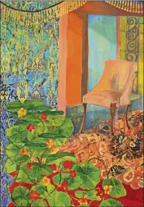  ?? COURTESY OF THE CULTURAL COUNCIL OF PALM BEACH COUNTY PHOTOS ?? “My Mother’s Chair: How I Love Nasturtium­s” features the flowers that figured frequently in the late Marsha Christo’s paintings.