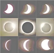  ?? — AFP photos ?? Combinatio­n of pictures shows the different stages of the total solar eclipse as seen from Piedra del Aquila, Neuquen province, Argentina.