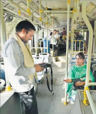  ?? VIPIN KUMAR/HT PHOTO ?? Each lowfloor airconditi­oned bus, which is being used for the service, can carry 53 passengers. Nearly 50% (264 trips) of the total 560 trips made from May 1 to May 14 had 15 passengers.