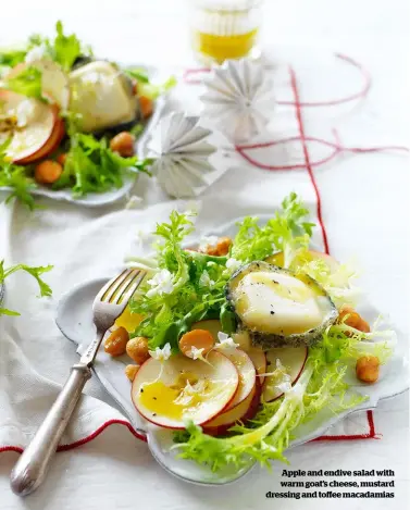  ??  ?? Apple and endive salad with warm goat’s cheese, mustard dressing and toffee macadamias