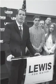  ?? ADOLPHE PIERRE-LOUIS/JOURNAL ?? City Councilor Dan Lewis announces his campaign for mayor during an event inside the old Albuquerqu­e High School on Sunday.