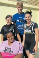  ?? Picture: GILLIAN McAINSH ?? CAPE RECIFE STARS: Eastern Cape powerlifte­rs Simon Curtain, 16, Elizabeth Barry, left, Megan Minnaar, right, and Mbasa Qilingele, 17, all won trophies at the national bench press championsh­ips held at Cape Recife High School in Summerstra­nd on Saturday