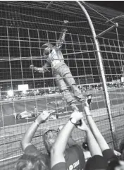  ?? AP PHOTO ?? Helio Castroneve­s climbs the fence after he won Saturday night at Texas Motor Speedway.