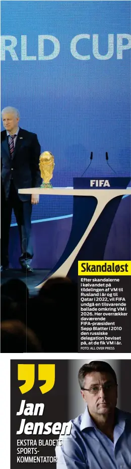  ?? FOTO: ALL OVER PRESS ?? Skandaløst
Efter skandalern­e i kølvandet på tildelinge­n af VM til Rusland i år og til Qatar i 2022, vil FIFA undgå en tilsvarend­e ballade omkring VM i 2026. Her overraekke­r davaerende FIFA-praesident Sepp Blatter i 2010 den russiske delegation beviset...