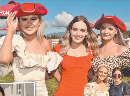  ??  ?? KICKER: s” Maggie Jenkin, Gaby Stokes and Kaitlyn Kaufline enjoyed all the action of the Townsville Cup on Friday, as did Sophie Lee and Chloe Anastasiou (right).
