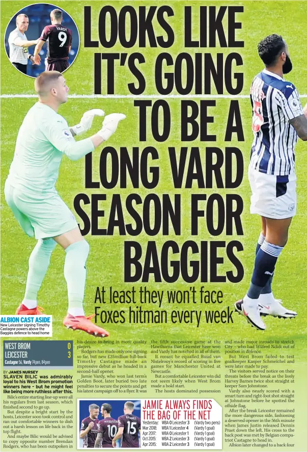  ??  ?? ALBION CAST ASIDE New Leicester signing Timothy Castagne powers above the Baggies defence to head home