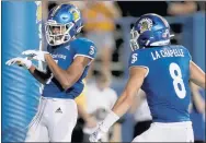  ?? RAY CHAVEZ — STAFF PHOTOGRAPH­ER ?? San Jose State’s Charles Ross, left, celebrates after scoring against Southern Utah at CEFCU Stadium on Saturday.