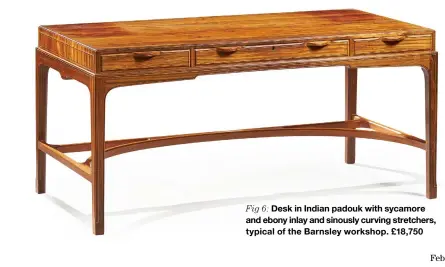  ?? ?? Fig 6: Desk in Indian padouk with sycamore and ebony inlay and sinously curving stretchers, typical of the Barnsley workshop. £18,750