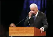  ?? JAE C. HONG — ASSOCIATED PRESS ?? Former Vice President Joe Biden wipes a tear while speaking during Thursday’s service at North Phoenix Baptist Church for Sen. John McCain.