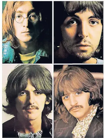  ?? FOTO: DPA ?? Die berühmten Fotos, die dem Weißen Album beilagen: John Lennon, Paul McCartney, Ringo Starr und George Harrison (im Uhrzeigers­inn).