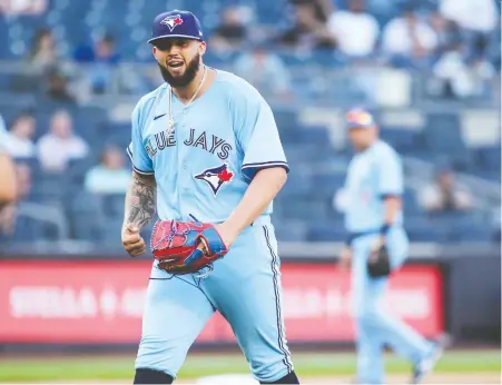  ?? WENDELL CRUZ/USA TODAY SPORTS ?? Toronto Blue Jays rookie pitcher Alek Manoah comes off the mound after getting the third out in the sixth and final inning he pitched in his Major League Baseball debut, a 2-0 win over the hosts at Yankee Stadium in New York on Thursday.