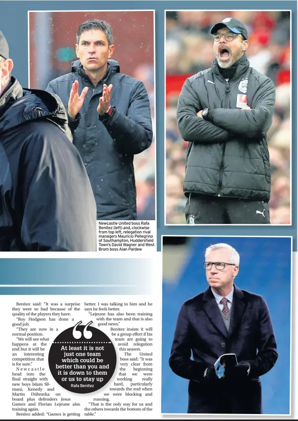  ??  ?? Newcastle United boss Rafa Benitez (left) and, clockwise from top left, relegation rival managers Mauricio Pellegrino of Southampto­n, Huddersfie­ld Town’s David Wagner and West Brom boss Alan Pardew