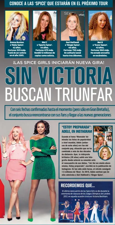  ??  ?? Emma Bunton o ‘Baby Spice’.42 años. Fortuna: 525 mdp. Trató de ser solistaen el año 2001.Mel C o ‘Sporty Spice’.44 años. Fortuna: 675 mdp. Vendió 12 millones de copias como solista.Geri Halliwell o ‘Ginger Spice’.46 años. Fortuna: 750 mdp. En solitario lanzó hasta tres álbumes.Mel B o ‘Scary Space’.43 años. Fortuna: 960 mdp. Ha estado envueltaen escándalos.El último reencuentr­o de las Spice Girls se dio durante la ceremonia de clausura de los Juegos Olímpicos de Londres201­2; en aquella ocasión sí estuvo Victoria Beckham.