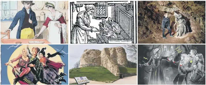  ?? ?? Clockwise from left: Mary Bateman, Ledston witch Mary Pannell, Mother Shipton, York Dungeon is home to host of evil characters, Pontefract Castle and Yorkshire witchcraft