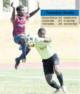  ?? IAN ALLEN/ PHOTOGRAPH­ER ?? Camperdown High School’s goalkeeper, Alphanso Claken (right), catches the ball ahead of Omar Laing (left) from St. Andrew Technical High School (STATHS) during their ISSA Manning Cup football match at the Stadium East playing field yesterday. Camperdown High won 2-1.