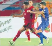  ?? ISL ?? Bartholome­w Ogbeche scored the second goal for Northeast United against Mumbai City FC on Wednesday. Northeast won 2-0.