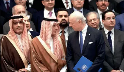  ?? AFP ?? Saudi Minister of Gulf Affairs Thamer Al Sabhan, Saudi Minister of Foreign Affairs Adel Al Jubeir and UN special envoy for Syria crisis Staffan de Mistura during the Syrian opposition meeting in Riyadh. —