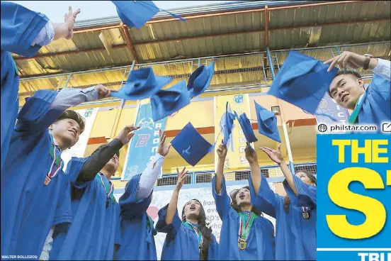  ?? WALTER BOLLOZOS ?? Students throw their graduation caps during commenceme­nt rites for the first batch of Grade 12 completers under the K-12 program at the Marikina Christian Integrated School in Marikina City over the weekend.