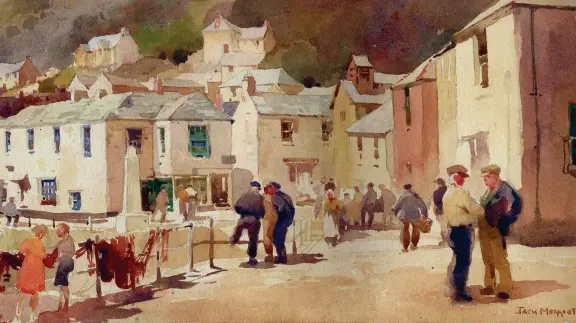  ??  ?? Jack Merriott’s watercolou­r painting of Mousehole, Cornwall, which was used as one of the railway carriage paintings